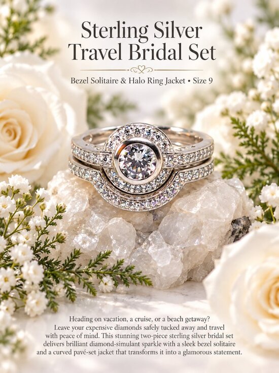 Jewelry - Sterling Silver Travel Bridal Set - Bezel Solitaire & Halo Ring Jacket - Size 9
